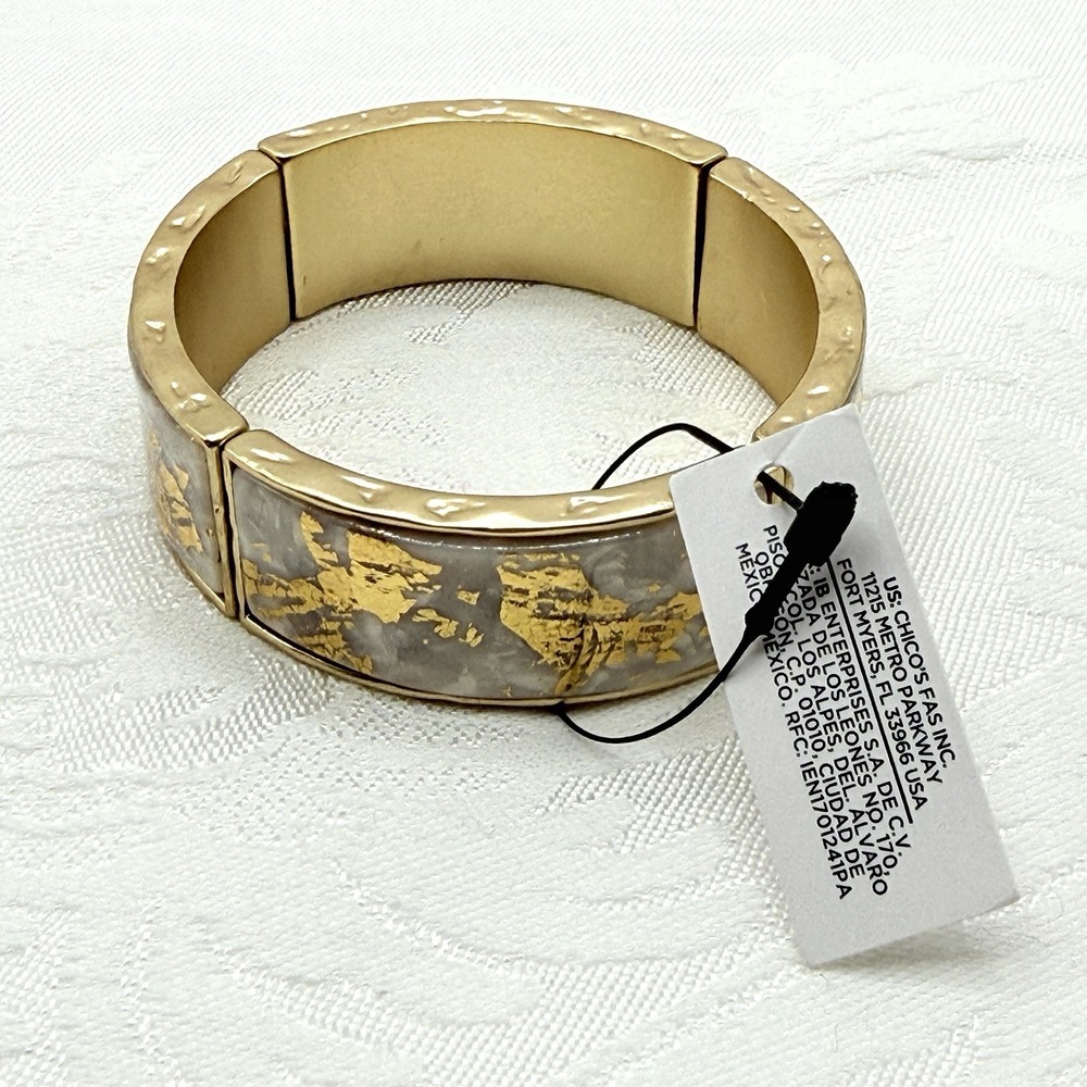 Chico's Pearlescent And Gold Tone Resin On Hammered Metal Panel Stretch Bracelet